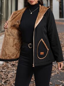 SHEIN Clasi 大尺碼街頭風休閒反社交寬鬆時尚西式牛仔口袋拉鍊人造毛連帽外套 外出度假夜店黑色冬季款 - 黑色 - 查看 4