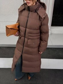 SHEIN Women Pocket And Zipper Detailed Winter Coats - Chocolate Brown - View 2