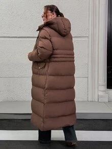 SHEIN Women Pocket And Zipper Detailed Winter Coats - Chocolate Brown - View 3