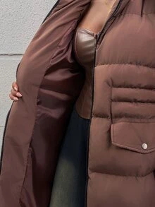 SHEIN Women Pocket And Zipper Detailed Winter Coats - Chocolate Brown - View 9
