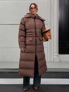 SHEIN Women Pocket And Zipper Detailed Winter Coats - Chocolate Brown - View 5