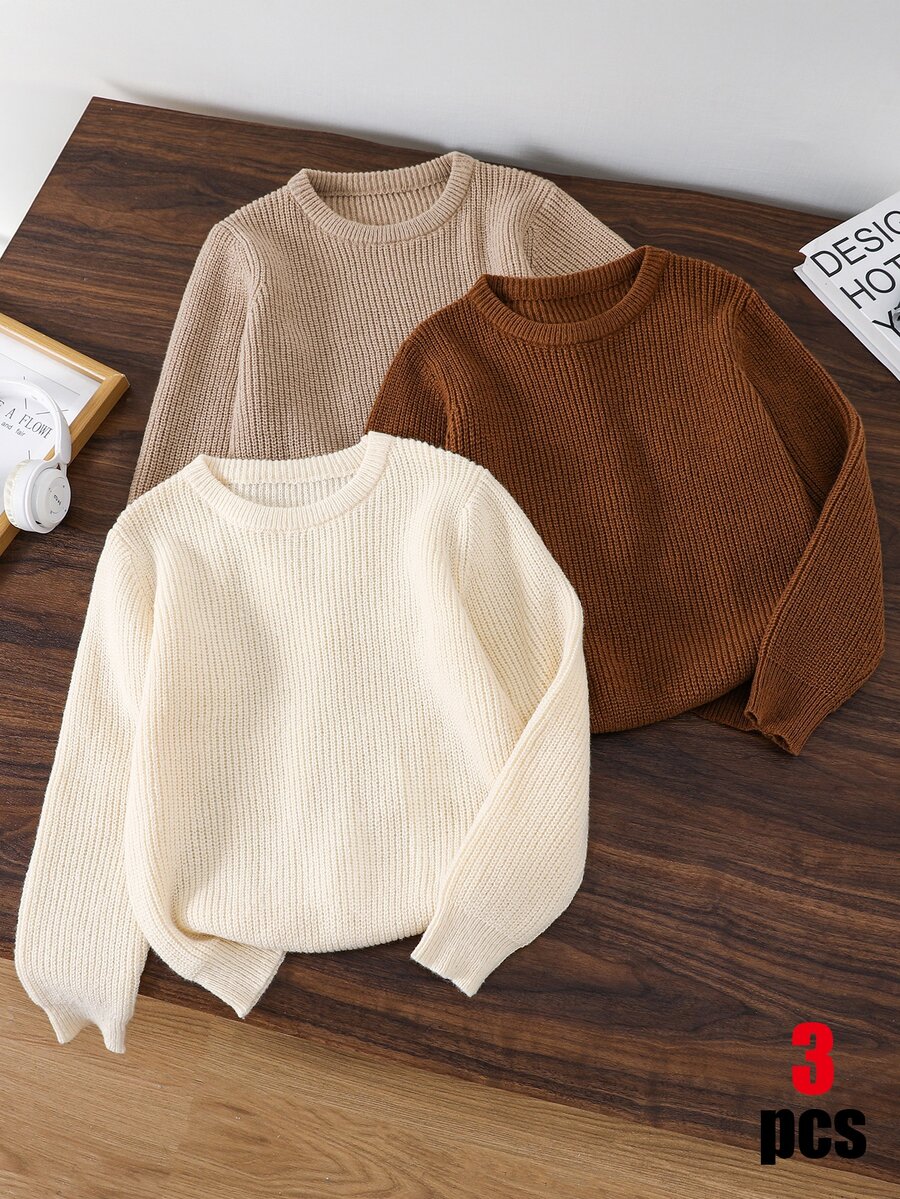 SHEIN 3件組兒童青少年男孩休閒百搭極簡純色白色卡其米色圓領毛衣,適合通勤、上學、日常休閒外出、運動,秋冬款 - 彩色 - 查看 1