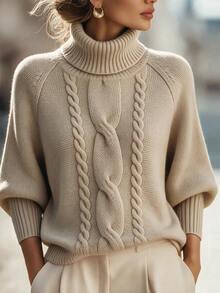 SHEIN Fall Winter Lazy Chic Cable Knit Turtleneck Sweater Women Batwing Sleeve Oversized Relaxed Fit Sof - Apricot - View 1