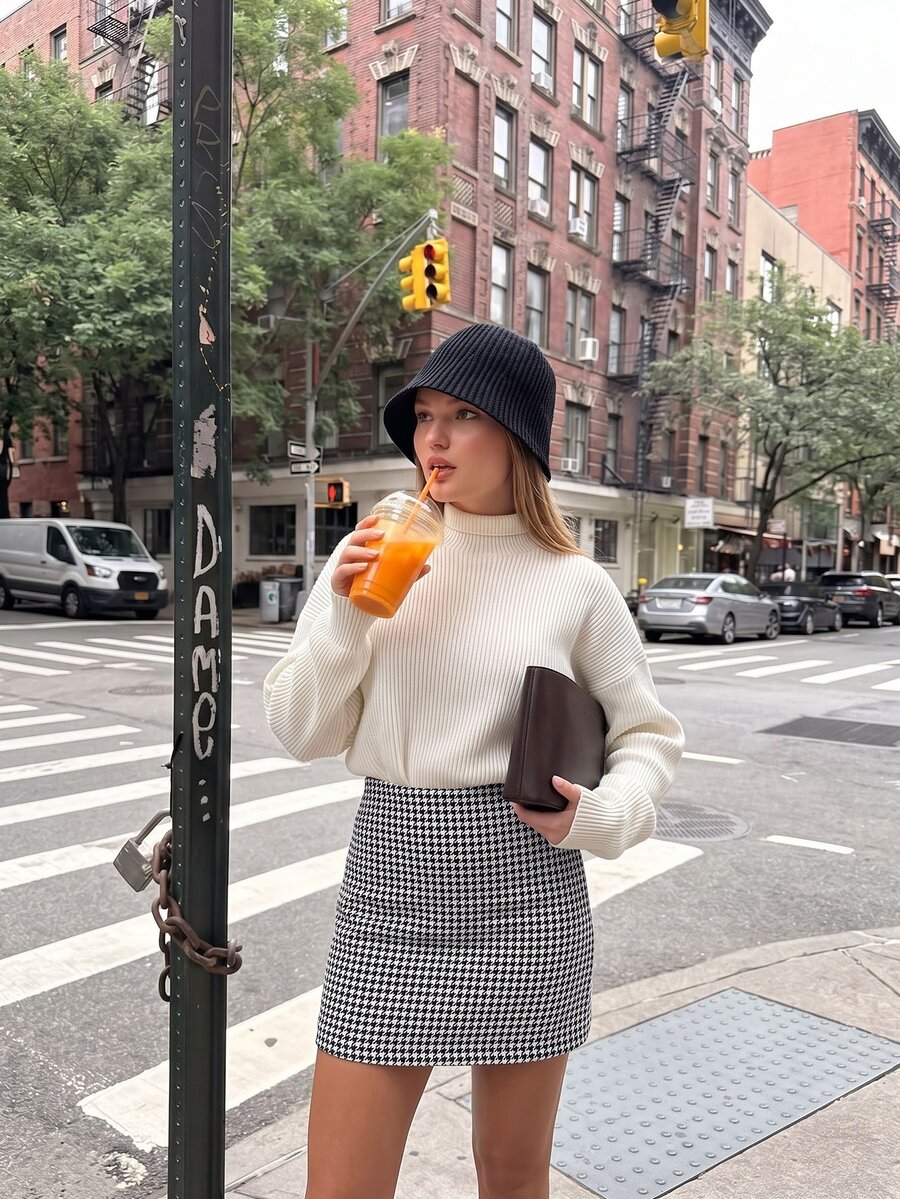 SHEIN LUNE Ladies Elegant Houndstooth High-Rise Mini Skirt,Winter Office White And Black Zipper Women Skirts,Regular Fit Spring/Summer Casual Daily Wear
