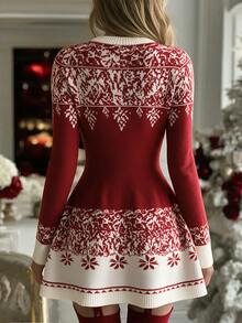 SHEIN Christmas Snowflake Pattern Knit Mini Dress Crew Neck Long Sleeve Bodycon Sweater Dress - Red and White - View 2