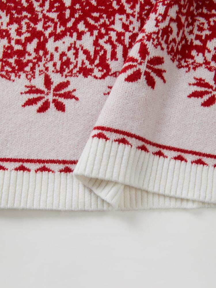 SHEIN Christmas Snowflake Pattern Knit Mini Dress Crew Neck Long Sleeve Bodycon Sweater Dress - Red and White - View 5