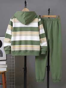 Tween Boy Casual Minimalist Long Sleeve Hooded Comfortable Sweatshirt 2 Pieces Set Suitable For Autumn/Winter, Comfortable Gradient Striped Light Green Sweatshirt 2 Pieces Set Knitted Hooded Sweatshirt With Fleece Lining Suitable For Autumn/Winter, Cartoon Pattern, Retro Cool Striped Color Block Patchwork Pattern Print, Classic Logo Pattern Print - Multicolor - View 3