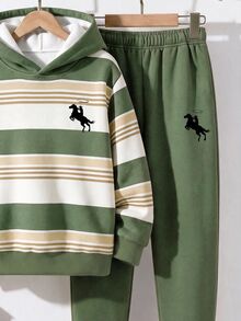 Tween Boy Casual Minimalist Long Sleeve Hooded Comfortable Sweatshirt 2 Pieces Set Suitable For Autumn/Winter, Comfortable Gradient Striped Light Green Sweatshirt 2 Pieces Set Knitted Hooded Sweatshirt With Fleece Lining Suitable For Autumn/Winter, Cartoon Pattern, Retro Cool Striped Color Block Patchwork Pattern Print, Classic Logo Pattern Print - Multicolor - View 2