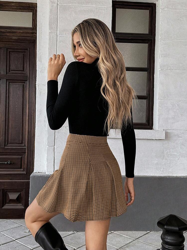 Pariaura Black & White Plaid Pleated Zipper Closure Casual Commuter Minimalist School Style Women Skirt, Spring/Summer - Multicolor - View 2