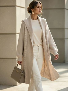 SHEIN Slouchy Navy Collar Long Knit Cardigan, Loose Fit Slimming Cable Knit Sweater Jacket Top For Autumn/Winter - Apricot - View 3