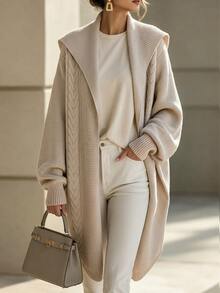 SHEIN Slouchy Navy Collar Long Knit Cardigan, Loose Fit Slimming Cable Knit Sweater Jacket Top For Autumn/Winter - Apricot - View 2