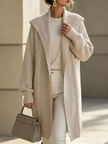 SHEIN Slouchy Navy Collar Long Knit Cardigan, Loose Fit Slimming Cable Knit Sweater Jacket Top For Autumn/Winter - Apricot - View 4