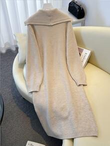 SHEIN Slouchy Navy Collar Long Knit Cardigan, Loose Fit Slimming Cable Knit Sweater Jacket Top For Autumn/Winter - Apricot - View 8