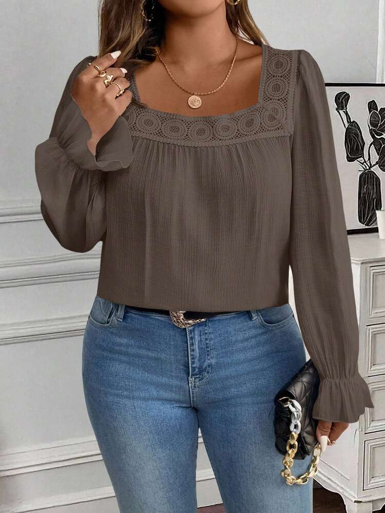 SHEIN Clasi Plus Size Women's Casual Everyday Commute Solid Color Square Collar Ruffle Sleeve Contrast Lace Loose Blouse, Spring/Autumn Fall - Brown - View 6