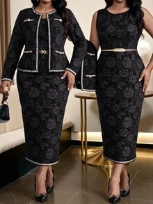 Fleurora Plus Size Women's Jacquard Long Sleeve Open Front Jacket And Sleeveless Dress Elegant 2 Pieces Set Wedding Guest Dress Autumn Clothes Fall - Multicolor - View 2