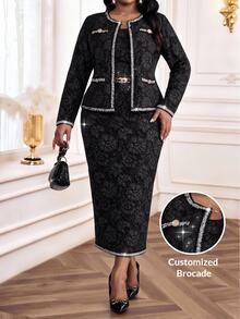 Fleurora Plus Size Women's Jacquard Long Sleeve Open Front Jacket And Sleeveless Dress Elegant 2 Pieces Set Wedding Guest Dress Autumn Clothes Fall - Multicolor - View 3