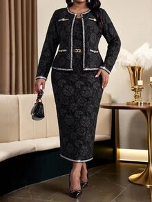 Fleurora Plus Size Women's Jacquard Long Sleeve Open Front Jacket And Sleeveless Dress Elegant 2 Pieces Set Wedding Guest Dress Autumn Clothes Fall - Multicolor - View 9