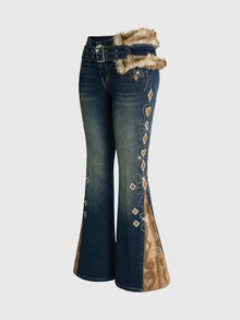 ROMWE Hippie Women's Jeans With Pattern Suede Patchwork, Rivet Decoration And Furry Waistband, Autumn/Winter - Blue - View 1