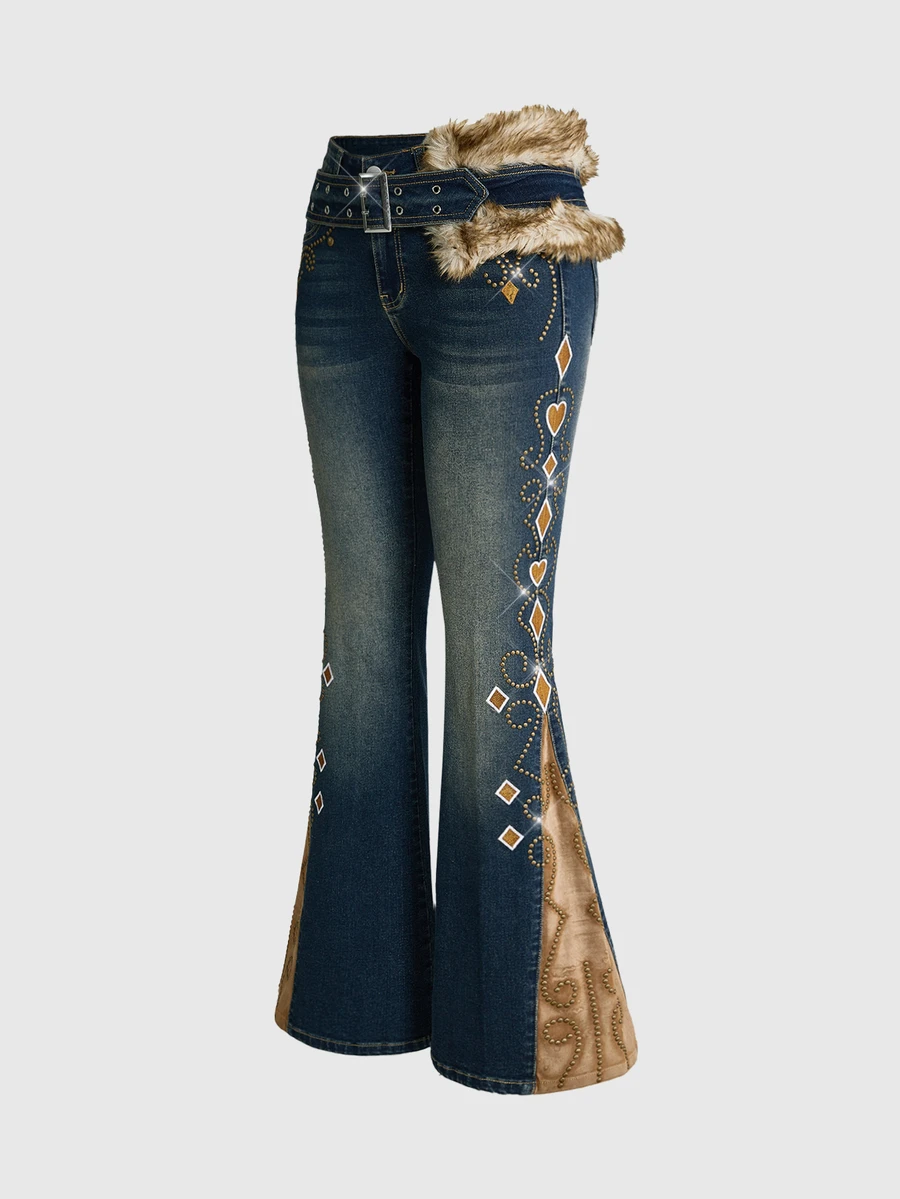 ROMWE Hippie Women's Jeans With Pattern Suede Patchwork, Rivet Decoration And Furry Waistband, Autumn/Winter - Blue - View 1