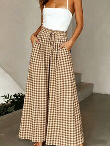 Pariaura Women's Ruffled Waist Tie Plaid Wide Leg Loose Pants - Khaki - View 3