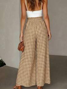 Pariaura Women's Ruffled Waist Tie Plaid Wide Leg Loose Pants - Khaki - View 2