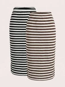 SHEIN LUNE 2PCS Rok Pensil Rajut Garis-garis Warna-Blok Pinggang Tengah Wanita (Hitam & Cokelat) Elegan, Pas Badan, Panjang Selutut, Desain Belahan; Cocok Untuk Kerja Atau Kembali ke Sekolah - MultiWarna - View 4