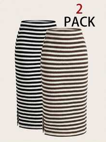 SHEIN LUNE 2PCS Rok Pensil Rajut Garis-garis Warna-Blok Pinggang Tengah Wanita (Hitam & Cokelat) Elegan, Pas Badan, Panjang Selutut, Desain Belahan; Cocok Untuk Kerja Atau Kembali ke Sekolah - MultiWarna - View 5