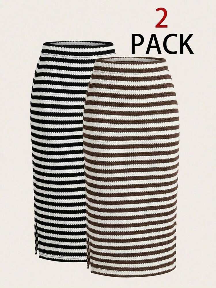 SHEIN LUNE 2PCS Women Mid-Waist Striped Color-Block Knit Pencil Skirt (Black & Brown)Elegant,Slim-Fit,Knee-Length,Slit Design;Suitable For Work Or Back-To-School - Multicolor - View 5