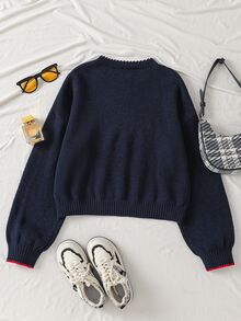 SHEIN Teen Girl Fashion Casual Versatile Animal Pattern Sweater Pullover Autumn Winter - Navy Blue - View 2