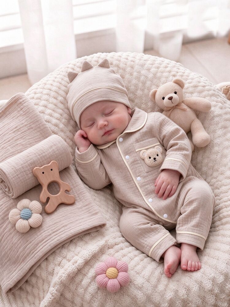 1pc Baby Boy Crepe Romper, Ins-Style Cute Bear Design, Double-Layer Crepe Fabric, Cute Bear Detail On Chest Pocket, Long Sleeve Crawler, Suitable For Home, Daily Wear And Sleep, All-Season Versatile Newborn Pajamas - Multicolor - View 2