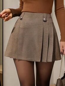 Pariaura Women's Plaid Print Fold Pleated Elegant A-Line Skirt - Khaki - View 4