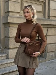 Pariaura Women's Plaid Print Fold Pleated Elegant A-Line Skirt - Khaki - View 1