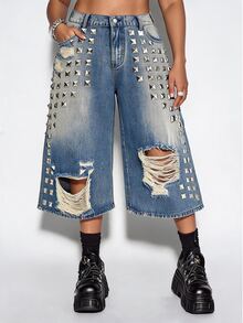 ROMWE Grunge Punk Plus Size Women's Vintage Street Punk Distressed Ripped Rhinestone Studded Loose Denim Capri Pants - Blue - View 1