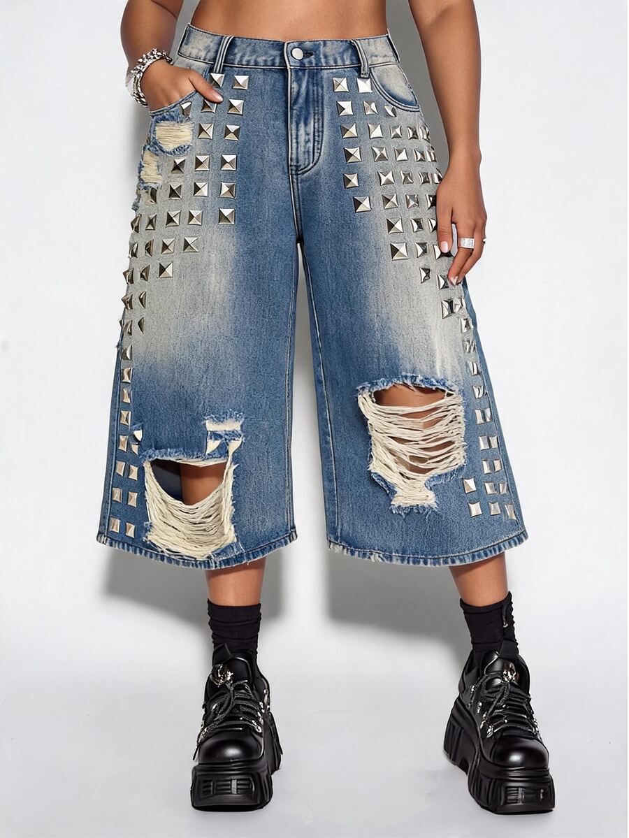 ROMWE Grunge Punk Plus Size Women's Vintage Street Punk Distressed Ripped Rhinestone Studded Loose Denim Capri Pants - Blue - View 1