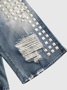 ROMWE Grunge Punk Plus Size Women's Vintage Street Punk Distressed Ripped Rhinestone Studded Loose Denim Capri Pants - Blue - View 5