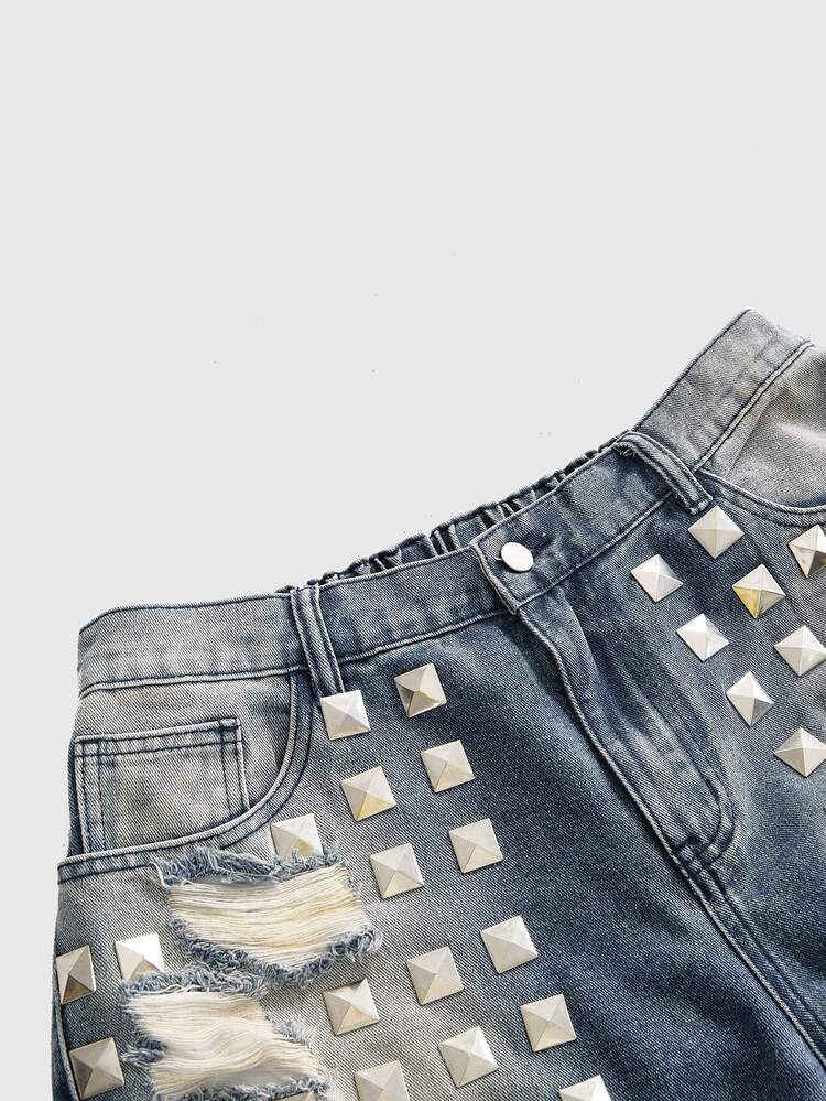 ROMWE Grunge Punk Plus Size Women's Vintage Street Punk Distressed Ripped Rhinestone Studded Loose Denim Capri Pants - Blue - View 4