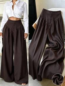 SHEIN PariChic Fall/Winter Elegant Button Up Brown Pants, Pleated Zip Up,Party,Wedding,Formal Business,Birthday,Halloween,Festival,Going Out,Classic Casual Pant - Brown - View 3