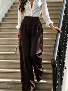 SHEIN PariChic Fall/Winter Elegant Button Up Brown Pants, Pleated Zip Up,Party,Wedding,Formal Business,Birthday,Halloween,Festival,Going Out,Classic Casual Pant - Brown - View 7