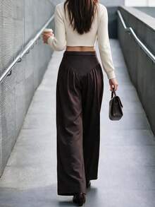 SHEIN PariChic Fall/Winter Elegant Button Up Brown Pants, Pleated Zip Up,Party,Wedding,Formal Business,Birthday,Halloween,Festival,Going Out,Classic Casual Pant - Brown - View 2