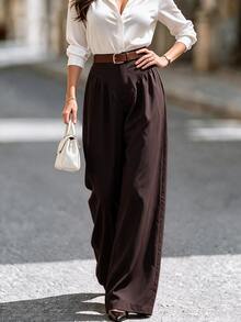SHEIN PariChic Fall/Winter Elegant Button Up Brown Pants, Pleated Zip Up,Party,Wedding,Formal Business,Birthday,Halloween,Festival,Going Out,Classic Casual Pant - Brown - View 4