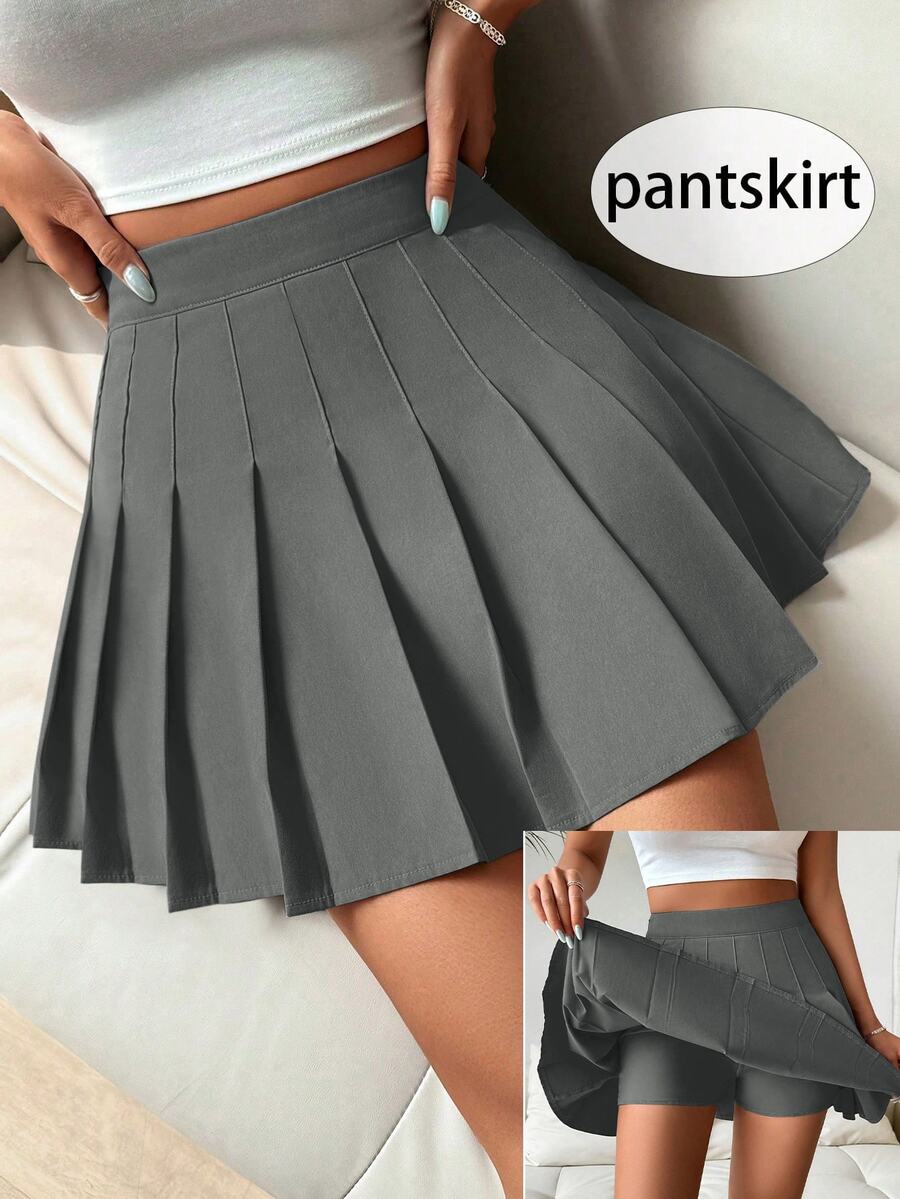 SHEIN Franclia 纯色百褶高腰休闲夏季半身裙 - 深灰色 - 查看 1