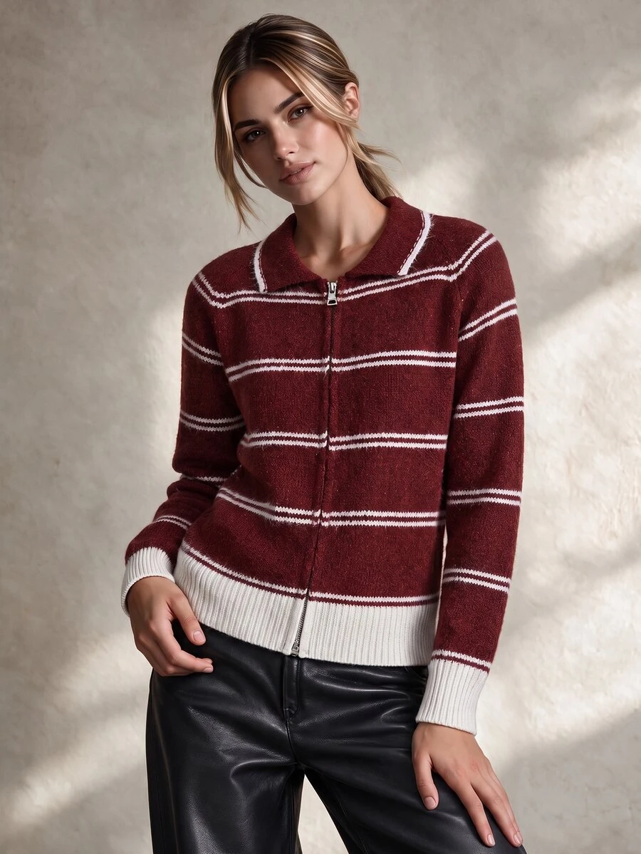 Trelyra Maillard Style Vintage Contrast White Striped Polo Collar Double-Headed Zipper Versatile Commuter Loose Knit Sweater - Red - View 1
