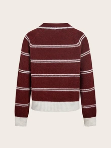 Trelyra Maillard Style Vintage Contrast White Striped Polo Collar Double-Headed Zipper Versatile Commuter Loose Knit Sweater - Red - View 8