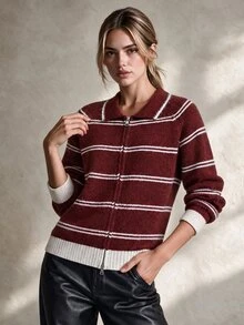 Trelyra Maillard Style Vintage Contrast White Striped Polo Collar Double-Headed Zipper Versatile Commuter Loose Knit Sweater - Red - View 5