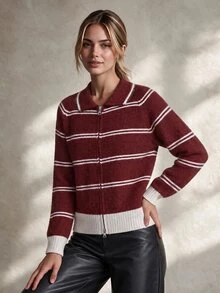 Trelyra Maillard Style Vintage Contrast White Striped Polo Collar Double-Headed Zipper Versatile Commuter Loose Knit Sweater - Red - View 4