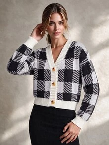 Trelyra French Vintage Black & White Plaid College Style Horn Button V-Neck Versatile Loose Slimming Cardigan Sweater Jacket - Black and White - View 5