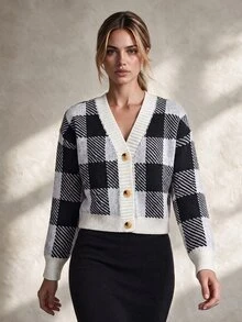 Trelyra French Vintage Black & White Plaid College Style Horn Button V-Neck Versatile Loose Slimming Cardigan Sweater Jacket - Black and White - View 3