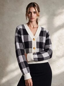 Trelyra French Vintage Black & White Plaid College Style Horn Button V-Neck Versatile Loose Slimming Cardigan Sweater Jacket - Black and White - View 4