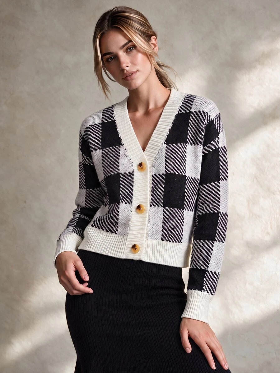 Trelyra French Vintage Black & White Plaid College Style Horn Button V-Neck Versatile Loose Slimming Cardigan Sweater Jacket - Black and White - View 1