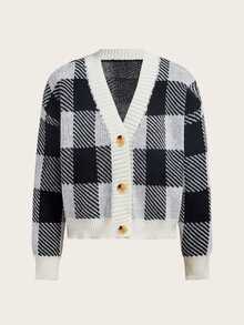 Trelyra French Vintage Black & White Plaid College Style Horn Button V-Neck Versatile Loose Slimming Cardigan Sweater Jacket - Black and White - View 7
